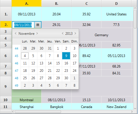 SpreadsheetView with a DatePicker showing.